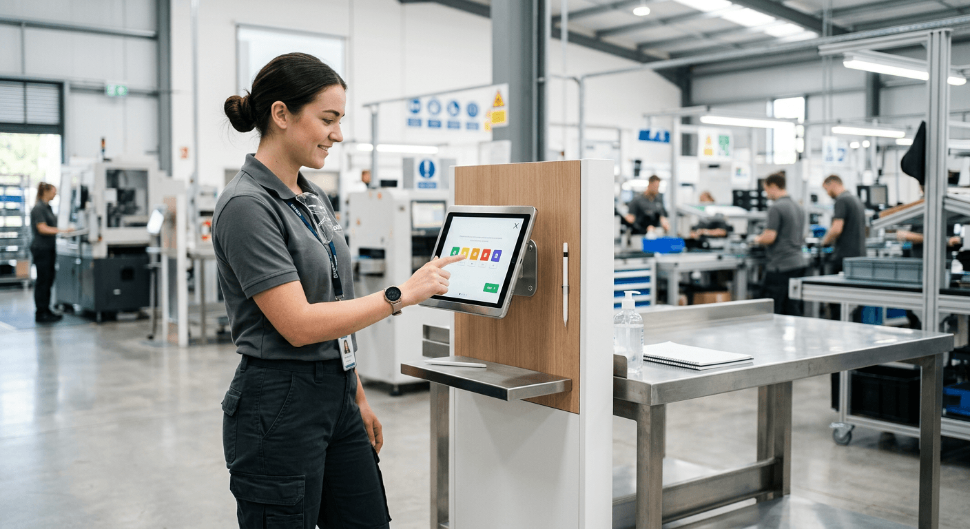 QR-Code-Poster und Kiosk-Terminal in Fabrikumgebung